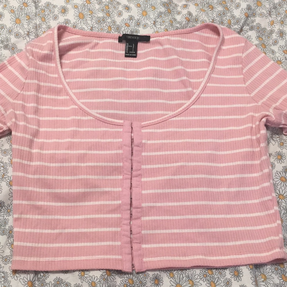 Pink and white striped long sleeve crop top